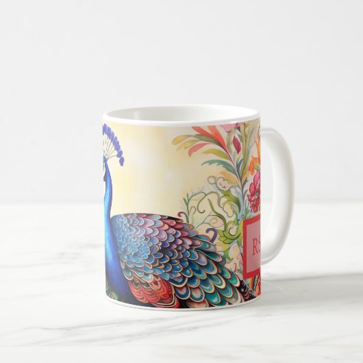 Verbazingwekkende op maat gemaakte monogram pauwen koffiemok (Voorkant rechts)