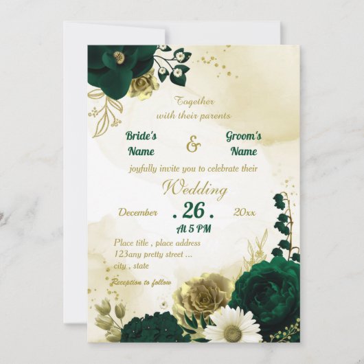 Verbazingwekkende smaragdgroene goudbloemen bruilo kaart (Voorkant)