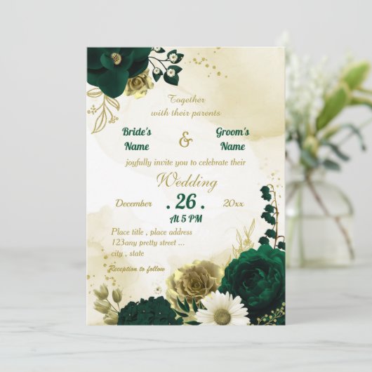 Verbazingwekkende smaragdgroene goudbloemen bruilo kaart (Staand voorkant)