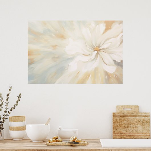 Verbazingwekkende witte bloem abstract schilderij. poster (Keuken)