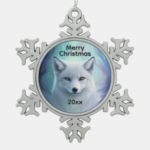 Verbazingwekkende witte sneeuwvos op Icy Land Kers Tin Sneeuwvlok Ornament