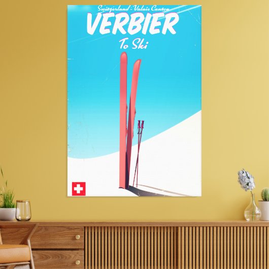 Verbier,  skiposter Zwitserland. Canvas Afdruk (Insitu (Woonkamer))