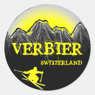 Verbier Zwitserland gele skiër bergen sticker