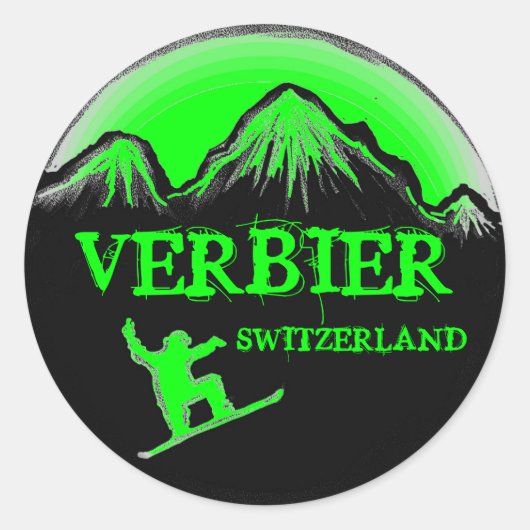 Verbier Zwitserland groene snowboard stickers (Voorkant)