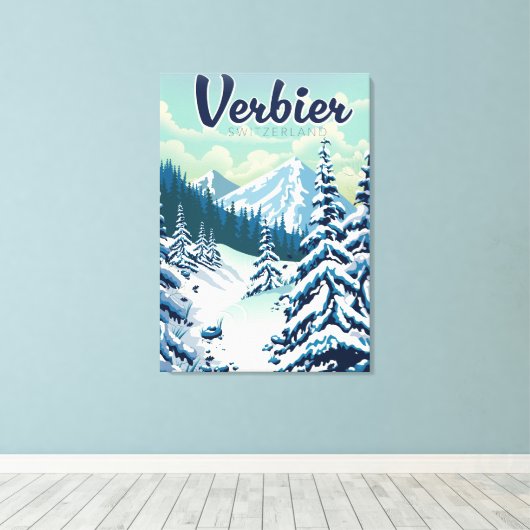 Verbier Zwitserland Reisposter Canvas Afdruk (Insitu (Houten vloer))