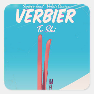 Verbier, Zwitserland vintage skireisposter. Vierkante Sticker