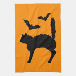 Verbijsterde Halloween Cat and Bats Silhouette Sin Theedoek