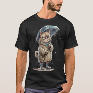Verbijsterde kat droevige kat met paraplu in regen t-shirt