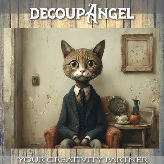 Verbijsterde kat William in de lounge - Decoupage  Tissuepapier