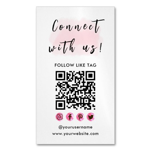 Verbind met ons brandend Logo QR Code Modern Roze Magnetisch Visitekaartje (Voorkant Verticaal)
