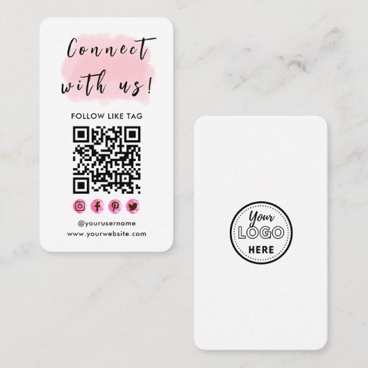 Verbind met ons brandend Logo QR Code Modern Roze Visitekaartje (Voorkant / Achterkant)