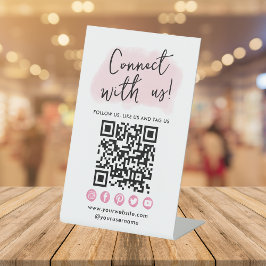 Verbind met ons roze sociale media QR-code modern Reclamebord Met Voetstuk