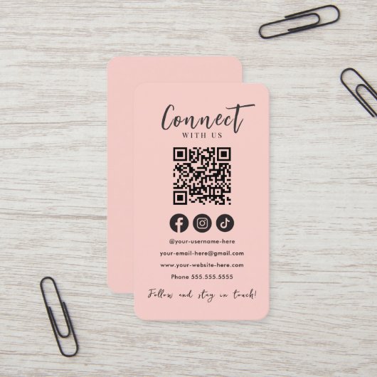 Verbind met ons Social Media Blush Roze QR Code Visitekaartje (Voorkant / Achterkant in situ)