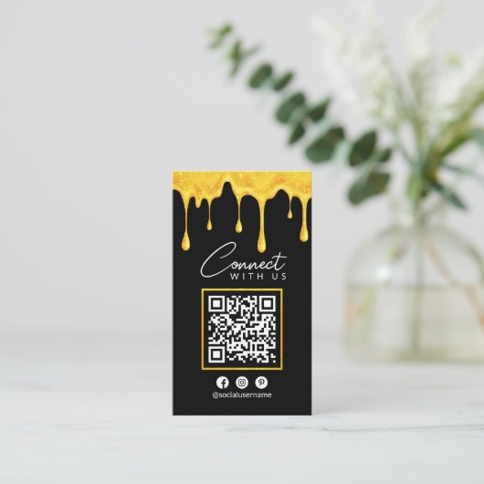 Verbind met ons Zwart Goud Glitter Drips QR Code Visitekaartje (Staand voorkant)