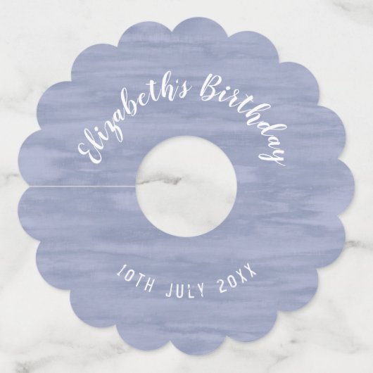 Verbleekt Blauw Verjaardagspapier Wijnglas Labels (Voorkant)