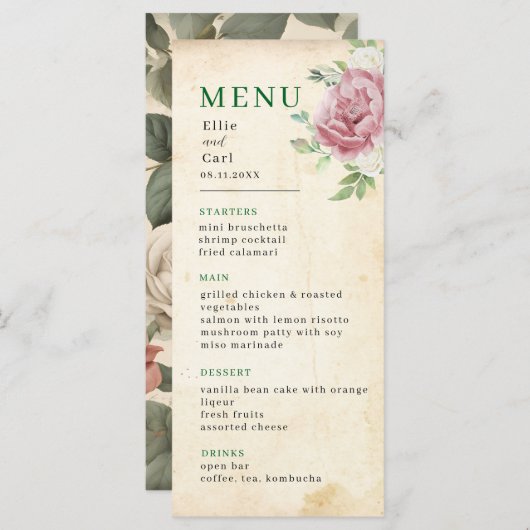 Verbleekt Roos bruiloft Menu (Voorkant / Achterkant)