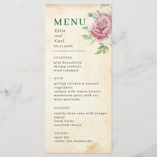 Verbleekt Roos bruiloft Menu (Voorkant)