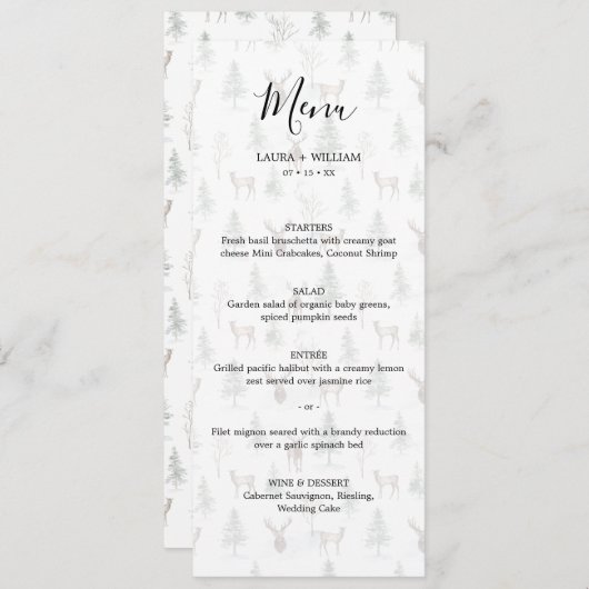 Verbleekte dennenboom en herten Kerst trouw diner Menu (Voorkant / Achterkant)