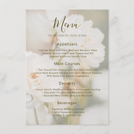 Verbleekte Witte Roos Bloemige Foto Romantische Br Menu (Voorkant)
