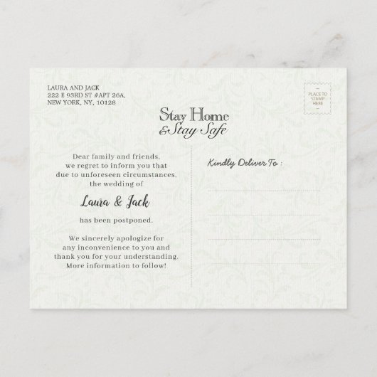 Verblijf thuis Verblijf Veilig Weddenschap Postpon Aankondigingskaart (Achterkant)