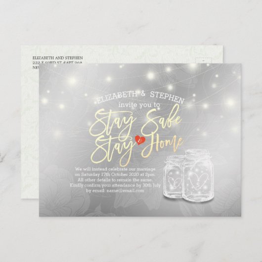 Verblijf thuis Verblijf Veilig Weddenschap Uitstel Aankondigingskaart (Voorkant / Achterkant)