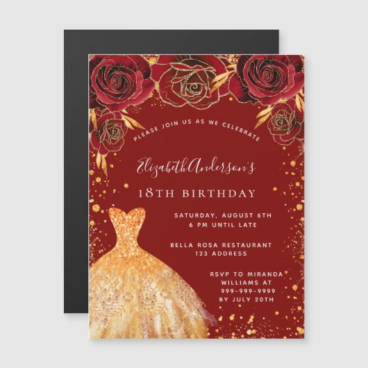 Verblijfsdag rood goud luxe kleding magnetische uitnodiging (Voorkant / Achterkant)
