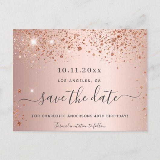 Verblijfsdag roos goud glitter behalve datum aankondigingskaart (Voorkant)