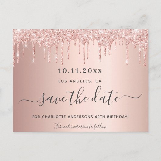 Verblijfsdag roos goud glitter behalve datum aankondigingskaart (Voorkant)