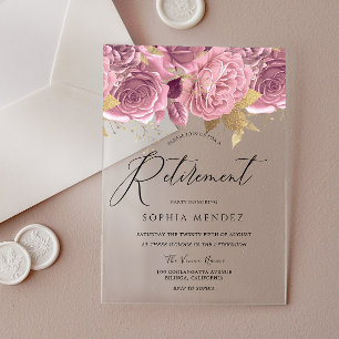 Verbluffend Blush Roze Bloemig Gouden Pensioenfees Acryl Uitnodigingen