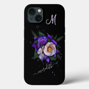 Verbluffend Floral 3-Color Monogram Glitter Name iPhone 13 Hoesje