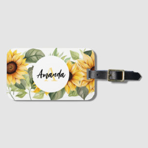 Verbluffend geel zonnebloempatroon monogram bagagelabel