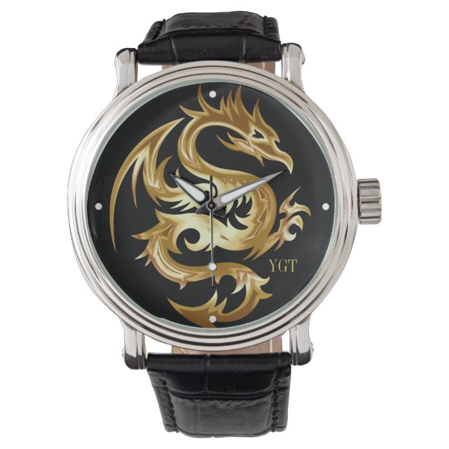 Verbluffend Gold Dragon Afbeelding op zwart Horloge (Voorkant)