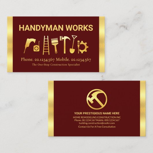 Verbluffend handyman gereedschap met gouden strepe visitekaartje (Voorkant / Achterkant)