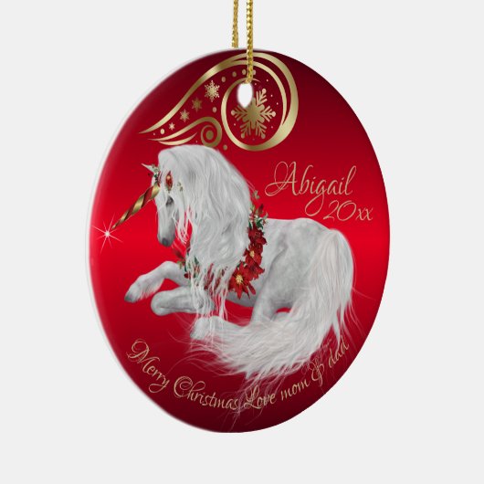 Verbluffend kerstfeest Unicorn Joy Red Keramisch Ornament (Rechts)