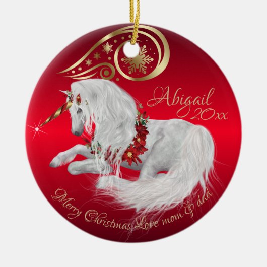 Verbluffend kerstfeest Unicorn Joy Red Keramisch Ornament (Voorkant)