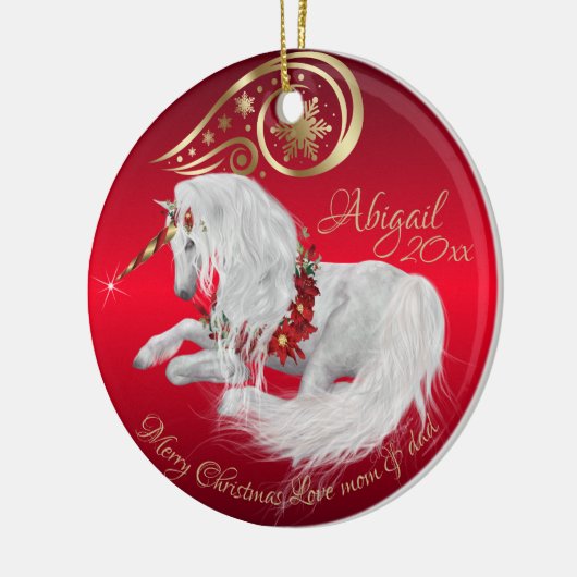 Verbluffend kerstfeest Unicorn Joy Red Keramisch Ornament (Links)