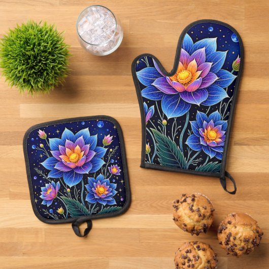 Verbluffend Kosmische Bloemendromen Ontwerp Ovenwant & Pannenlap Set (Top down)