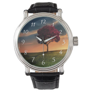 Verbluffend landschap met een rode boom op zonsond horloge