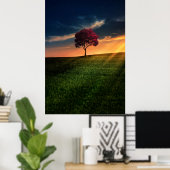 Verbluffend landschap met een rode boom op zonsond poster (Thuiskantoor)
