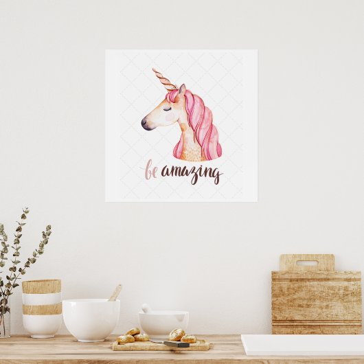Verbluffend roze Poster met Unicorn kop (Keuken)
