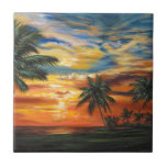 Verbluffend tropisch zonsonderstel tegeltje<br><div class="desc">"Stunning Tropical Sunset II" door Carolee Vitaletti. Met een zonsondergang tegen bomen en water op het strand.</div>