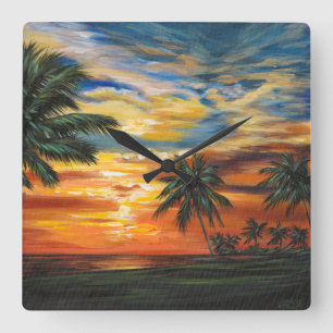 Verbluffend tropisch zonsonderstel vierkante klok