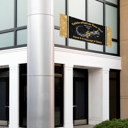 Verbluffend, zwart, goud en wit, muzieknotitiebann spandoek (Buitenkant Gebouw)