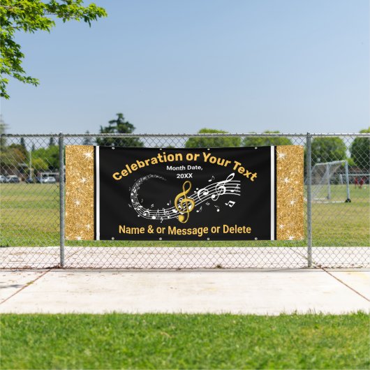 Verbluffend, zwart, goud en wit, muzieknotitiebann spandoek (Insitu)