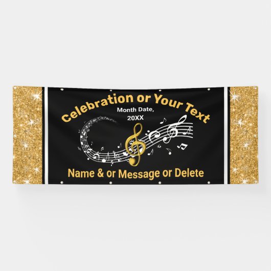 Verbluffend, zwart, goud en wit, muzieknotitiebann spandoek (Horizontaal)