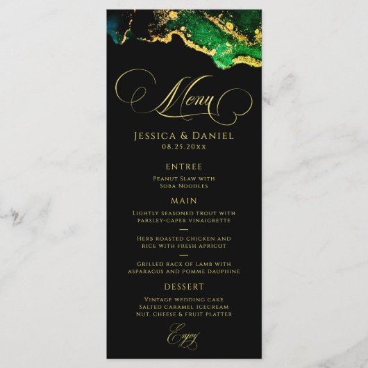 Verbluffend zwart-groen 'Bronze Gold Weddenschap' Menu (Voorkant)