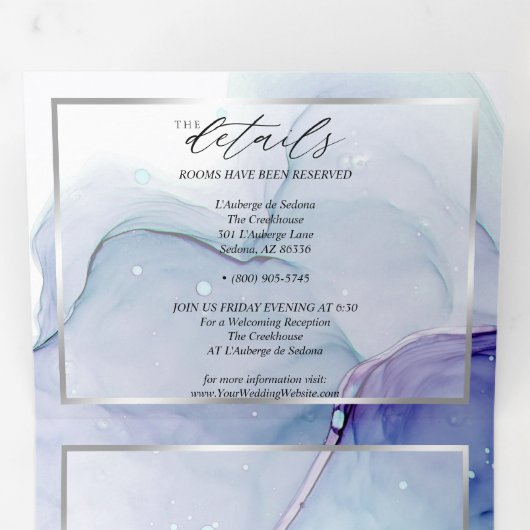 Verbluffende Aqua Violet Abstract Ink Tri Fold Inv Drieluik Uitnodiging (Binnenzijde eerst)