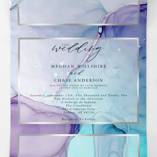 Verbluffende Aqua Violet Abstract Ink Tri Fold Inv Drieluik Uitnodiging (Binnenkant midden)