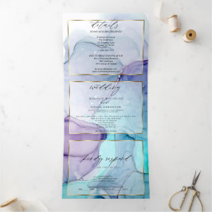 Verbluffende Aqua Violet Abstract Ink Tri Fold Inv Drieluik Uitnodiging
