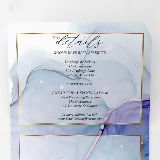 Verbluffende Aqua Violet Abstract Ink Tri Fold Inv Drieluik Uitnodiging (Binnenzijde eerst)